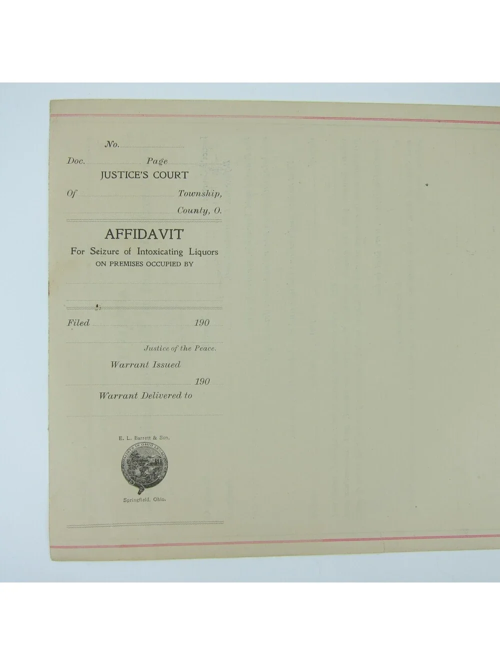 Antique Pre-Prohibition Ohio Affidavit Search Warrant to Seize Liquor Form Blank